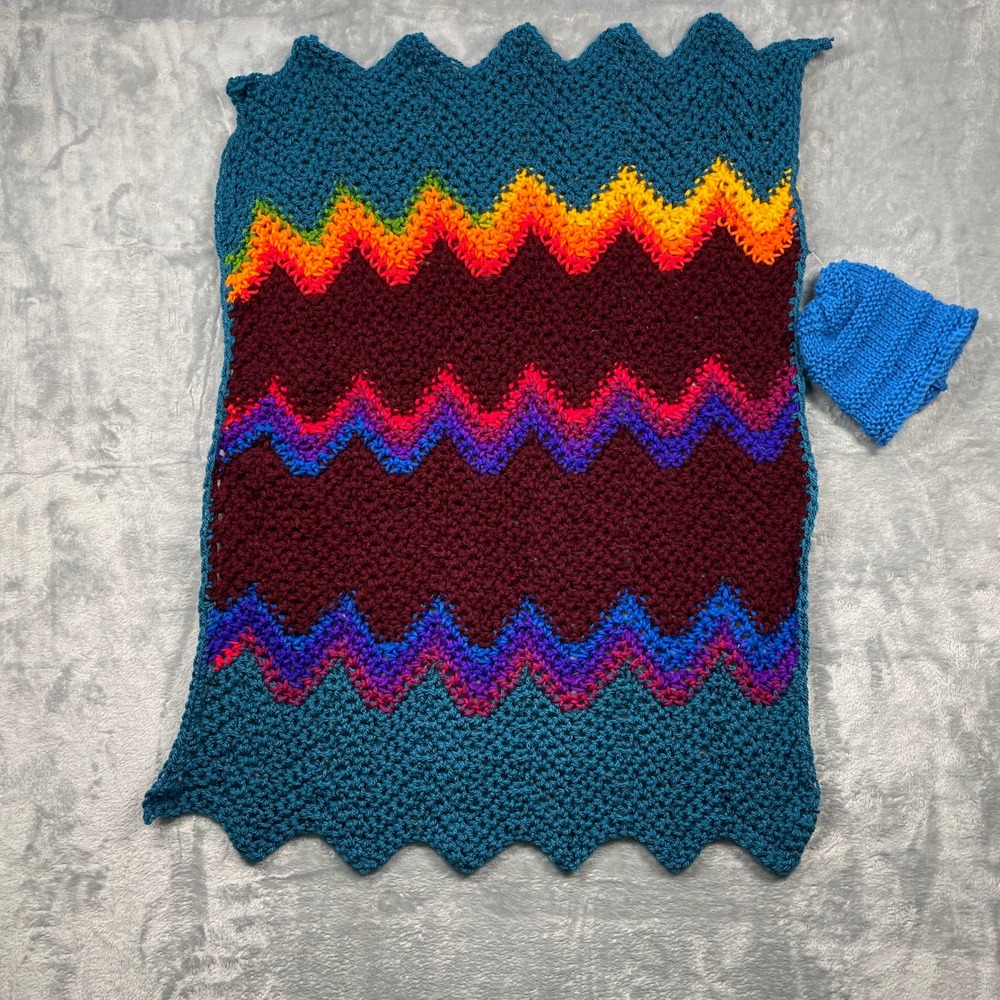 Handmade Crochet Baby Blanket Hat Set Rainbow Chevron Teal Burgundy Warm Cozy